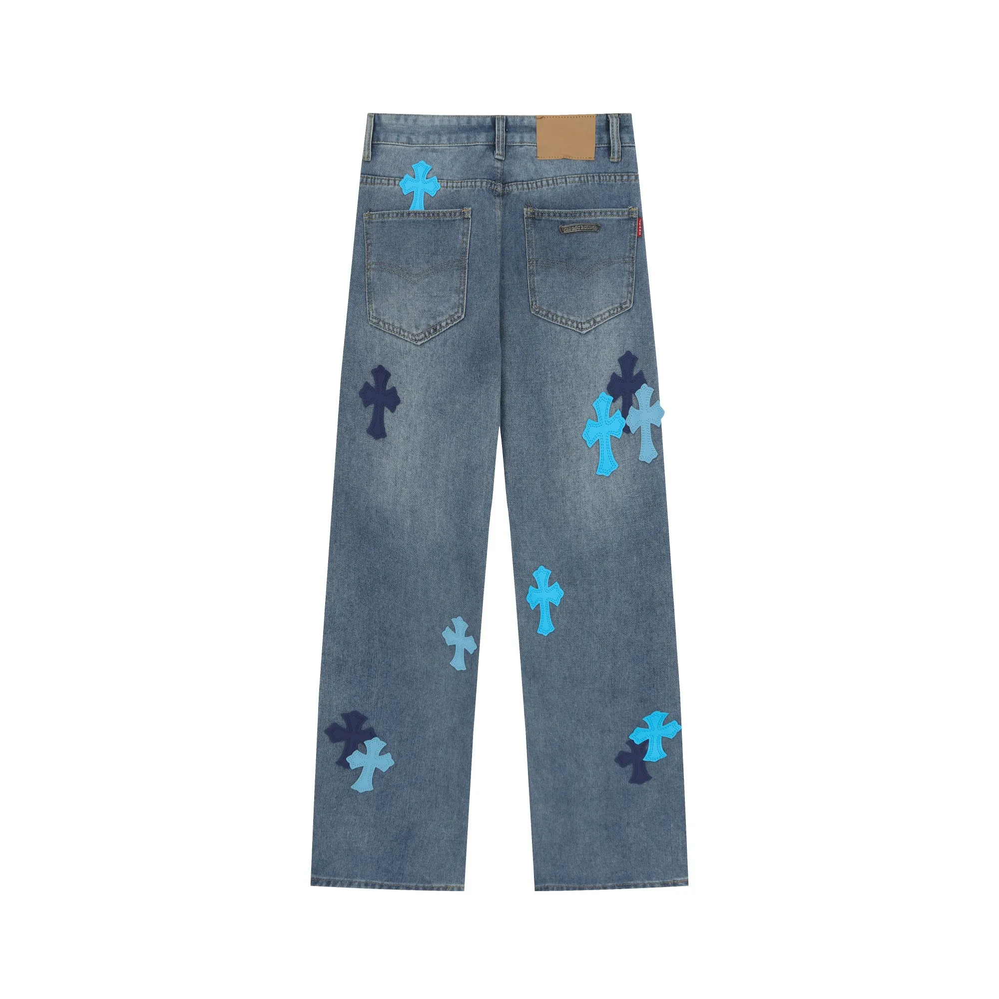 P270 Chrome Hearts/Chrome Hearts 25ss classic colored leather cross washed color cloth denim trousers for men and women Color: Picture color Code number: 28-36